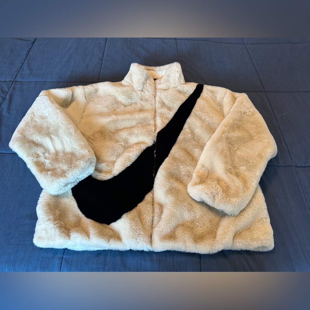 Nike Cream Faux Fur Jacket with Black Swoosh